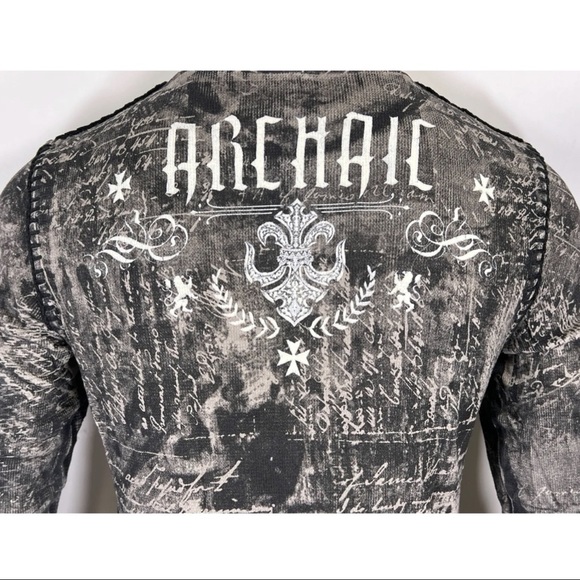 Archaic by Affliction Men's Thermal Shirt SHIELDED Wing Biker Gray - Picture 8 of 9